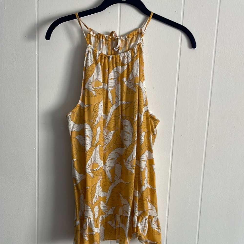 Women’s Yellow Halter Tank Top with White Leaf Print